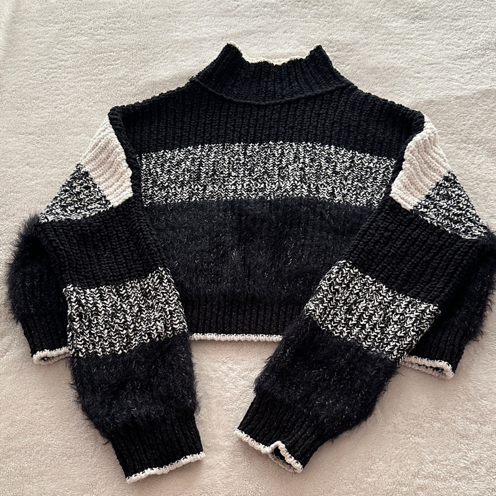 Free People Black and White Cowl Neck Sweater